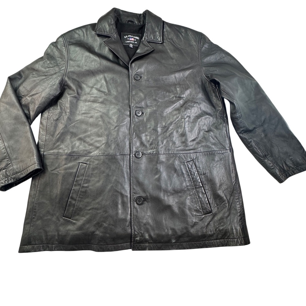 US Polo Assn Leather Co Mens XL Black Leather Car Coat Jacket 4 Button Martrix